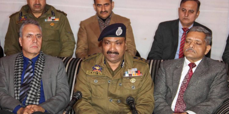 Kashmir DGP Dilbag Singh along with other officials addresses the media Tuesday