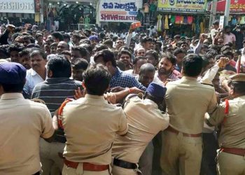 Protestors and police clash during a demonstration demanding justice for P Priyanka Reddy, who was working as an assistant veterinarian at a state-run hospital and whose charred remains was found under a culvert, in Hyderabad, Saturday, Nov. 30, 2019.