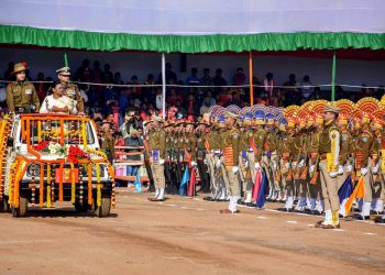 Jharkhand Governor Draupadi Murmu inspects a guard of honour during the 71st Republic Day celebrations at Morabadi Ground, in Ranchi
