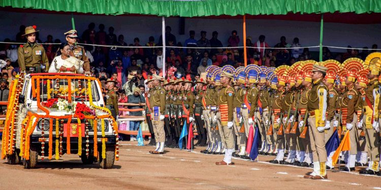 Jharkhand Governor Draupadi Murmu inspects a guard of honour during the 71st Republic Day celebrations at Morabadi Ground, in Ranchi