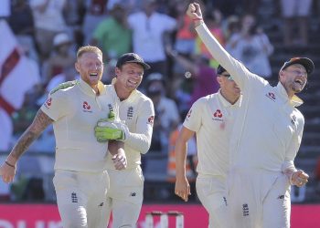 Ben Stokes (left) and England skipper Joe Root (right) celebrate England's win over South Africa