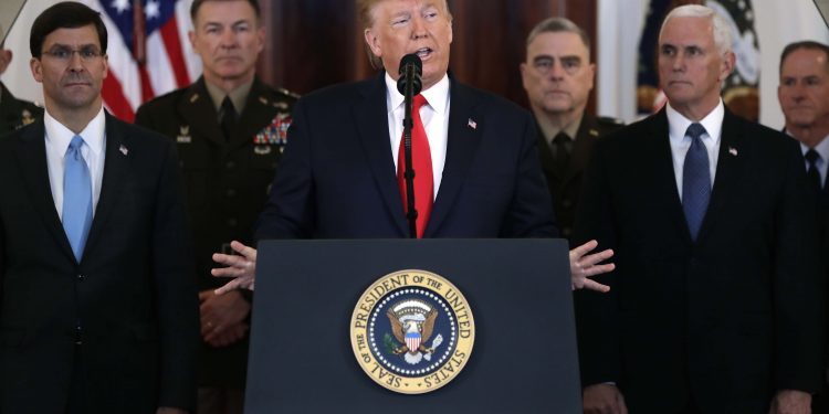 US President Donald Trump addresses the nation from the White House on the ballistic missile strike that Iran launched against Iraqi air bases housing U.S. troops, Wednesday