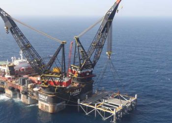 FILE - This Jan. 31, 2019 file photo, shows an oil platform in the Leviathan natural gas field, in the Mediterranean Sea off the Israeli coaast. Israel became a major energy exporter for the first time on Monday, Dec. 16, 2019, after signing a permit to export natural gas to neighboring Egypt. The announcement comes just days before a lucrative Israeli gas field in the Mediterranean Sea is expected to go online. (Marc Israel Sellem/Pool via AP, File)