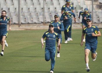 Australian team practicing ahead of Tuesday's encounter with India in Mumbai.