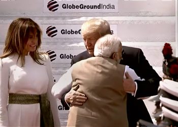 Ahmedabad: Prime Minister Narendra Modi greets US President Donald Trump as his wife Melania Trump looks on, upon their arrival at the Sardar Vallabhbhai Patel International Airport in Ahmedabad Monday, Feb. 24, 2020. Trump is on a two-day visit to India.