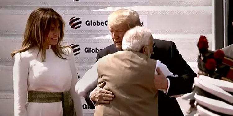 Ahmedabad: Prime Minister Narendra Modi greets US President Donald Trump as his wife Melania Trump looks on, upon their arrival at the Sardar Vallabhbhai Patel International Airport in Ahmedabad Monday, Feb. 24, 2020. Trump is on a two-day visit to India.
