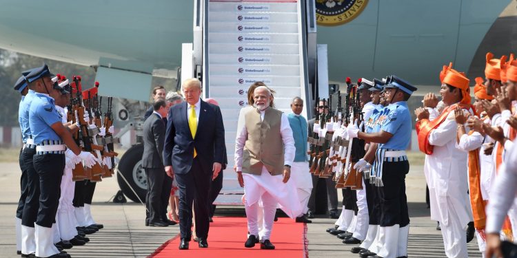 Ahmedabad: Prime Minister Narendra Modi welcomes US President Donald Trump on his arrival at the Sardar Vallabhbhai Patel International Airport in Ahmedabad, Monday, Feb. 24, 2020. Trump is on a two-day visit to India.