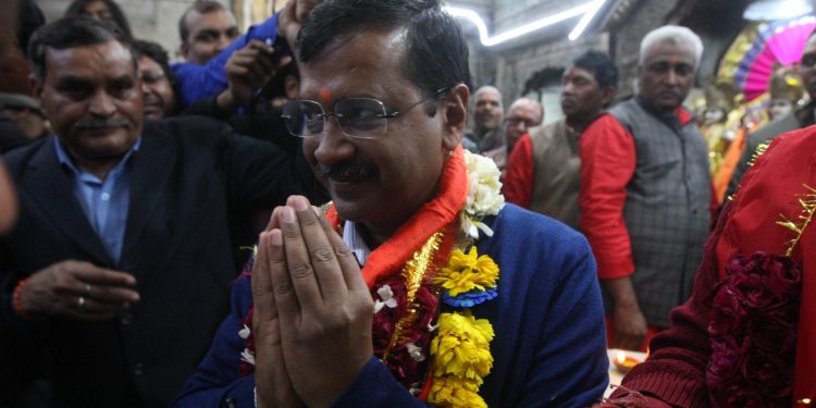 New Delhi: Delhi Chief Minister and Aam Aadmi Party (AAP) chief Arvind Kejriwal offers prayers at the Hanuman Temple at Delhi's Connaught Place (CP) after his party achieved sweeping victory in the Delhi Assembly elections 2020, on Feb 11, 2020. (Photo: IANS)