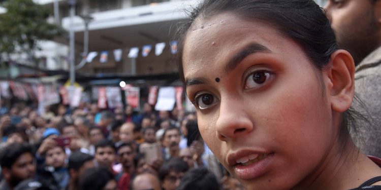 Aishe Ghosh at a rally in Kolkata, Thursday