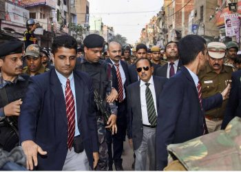 NSA Ajit Doval inspects a violence-hit area in northeast delhi