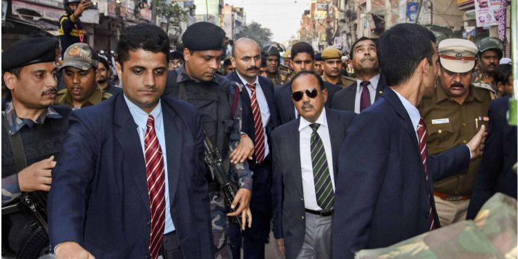 NSA Ajit Doval inspects a violence-hit area in northeast delhi