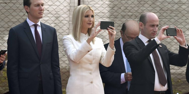 Ivanka Trump wearing the Anita Dongre sherwani takes pictures at the Rashtrapati Bhavan during her dad's guard of honour