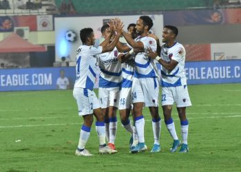 Odisha FC players celebrate a goal at the Kalinga Stadium, Sunday. Pic: Bikash Nayak/OP