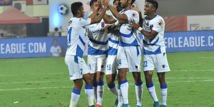 Odisha FC players celebrate a goal at the Kalinga Stadium, Sunday. Pic: Bikash Nayak/OP