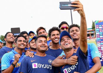 The Indian under-19 cricketers pose for a groupfie after defeating Pakistan by 10 wickets in the semifinals