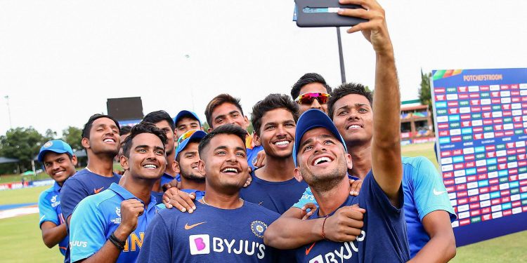 The Indian under-19 cricketers pose for a groupfie after defeating Pakistan by 10 wickets in the semifinals