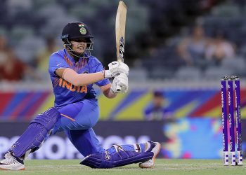 Shafali Verma plays a slog sweep during her innings against Bangladesh