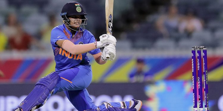 Shafali Verma plays a slog sweep during her innings against Bangladesh