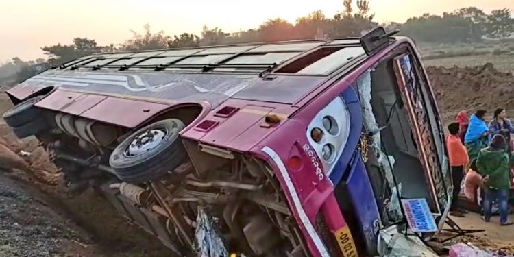 Two injured, narrow escape for 46 passengers as bus turns turtle