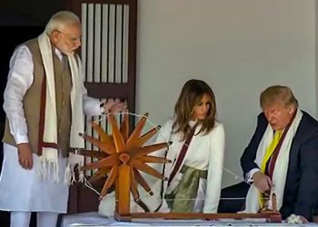 Ahmedabad: Prime Minister Narendra Modi, U.S. President Donald Trump and First Lady Melania Trump at Sabarmati Ashram, in Ahmedabad, Monday, Feb. 24, 2020. Trump is on a two-day visit to India. (DD NEWS/PTI Photo)