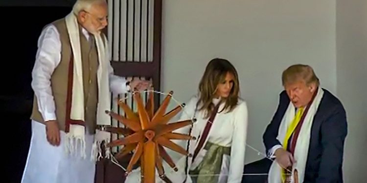 Ahmedabad: Prime Minister Narendra Modi, U.S. President Donald Trump and First Lady Melania Trump at Sabarmati Ashram, in Ahmedabad, Monday, Feb. 24, 2020. Trump is on a two-day visit to India. (DD NEWS/PTI Photo)