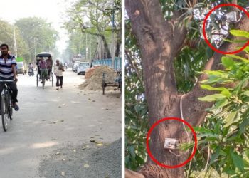 (Left)The area where the alleged abduction attempt took place; (Right) Police used the footage of the CCTV cameras on the tree to identify the culprits