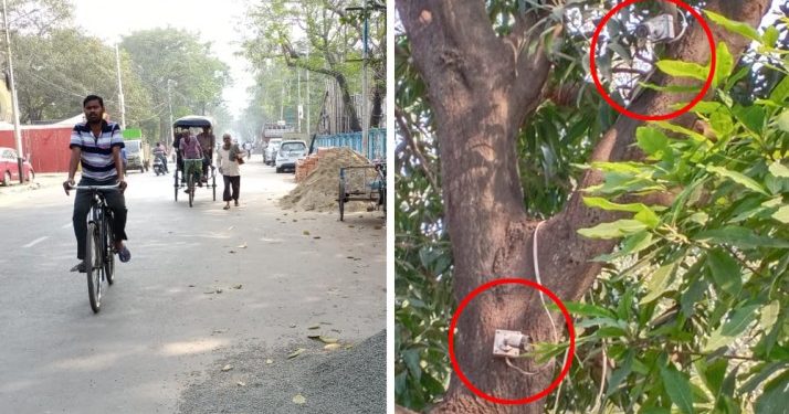 (Left)The area where the alleged abduction attempt took place; (Right) Police used the footage of the CCTV cameras on the tree to identify the culprits