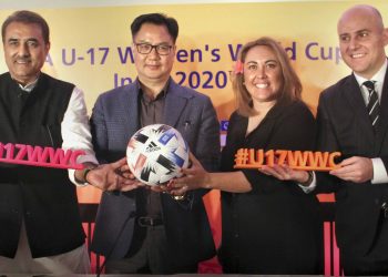 (From left): Praful Patel, Kiren Rijiju along with FIFA officials Sarai Bareman and Roberto Grassi