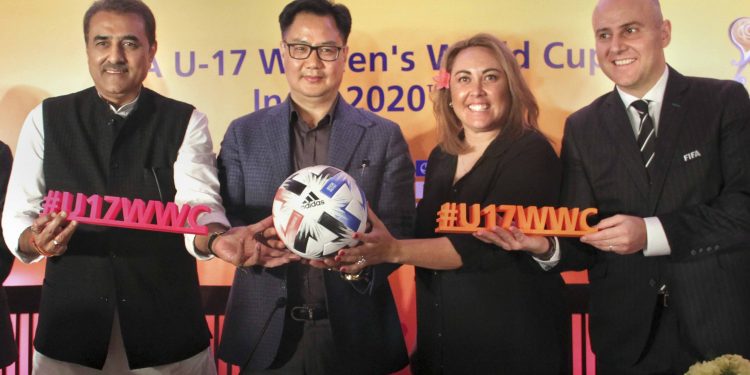 (From left): Praful Patel, Kiren Rijiju along with FIFA officials Sarai Bareman and Roberto Grassi