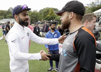 Christchurch: India's Virat Kohli, left, shakes hands with New Zealand's Tom Blundell as they leave the field on day three of the second cricket test between New Zealand and India at Hagley Oval in Christchurch, New Zealand, Monday, March 2, 2020. New Zealand defeated India by seven wickets to win the two test series 2-0.