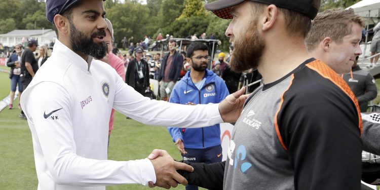 Christchurch: India's Virat Kohli, left, shakes hands with New Zealand's Tom Blundell as they leave the field on day three of the second cricket test between New Zealand and India at Hagley Oval in Christchurch, New Zealand, Monday, March 2, 2020. New Zealand defeated India by seven wickets to win the two test series 2-0.