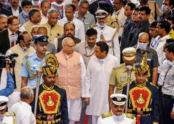 Madhya Pradesh Governor Lalji Tandon, Chief Minister Kamal Nath and others arrive for the Budget session of state Assembly in Bhopal, March 16, 2020. (PTI Photo)