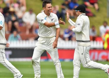 Trent Boult celebrates after dismissing an Indian batsman