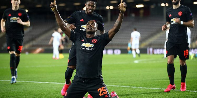 Odion Ighalo of Manchester United celebrates after scoring the first goal against Linz