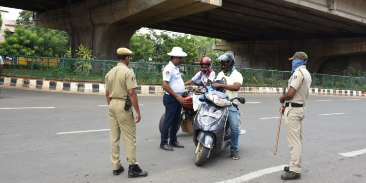 Police personnel enforcing the lockdown in Bhubaneswar, Monday