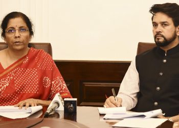 Finance Minister Nirmala Sitharaman along with MoS for Finance Anurag Thakur addresses the media