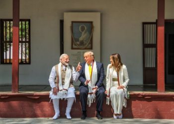 Prime Minister Narendra Modi, US President Donald Trump and First Lady Melania Trump at Sabarmati Ashram. (PTI Photo)