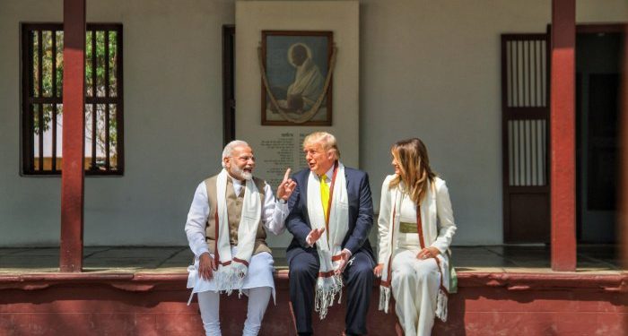 Prime Minister Narendra Modi, US President Donald Trump and First Lady Melania Trump at Sabarmati Ashram. (PTI Photo)