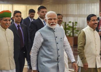 New Delhi: Prime Minister Narendra Modi,  Parliamentary Affairs Minister Pralhad Joshi and MoS Parliamentary Affairs Arjun Ram Meghwal arrive to attend the BJP Parliamentary Party Meeting at Parliament Library Building in New Delhi, Tuesday, March 3, 2020. (PTI Photo/Shahbaz Khan)