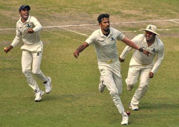 Kolkata: Bengal bowler Ishan Porel celebrates with his teammates after the dismissal of Karnataka opener KL Rahul (unseen) during the 3rd day of Ranji Trophy semi-final match, at Eden Gardens in Kolkata, Monday, March 2, 2020. (PTI Photo/Swapan Mahapatra)