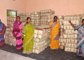 Palm leaf artisan families of Siddhamahaveer Chamar Sahi with the unsold palm leaf boxes