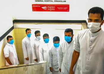 Priests from Archdiocese Ernakulam, Ankamalai wait at a hospital for donating blood as per the request of Kerala government to regularise the shortage of blood caused due to lockdown, in Kochi, Monday.