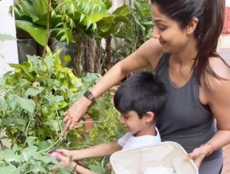 Watch: Shilpa Shetty teaches son how to pluck brinjals