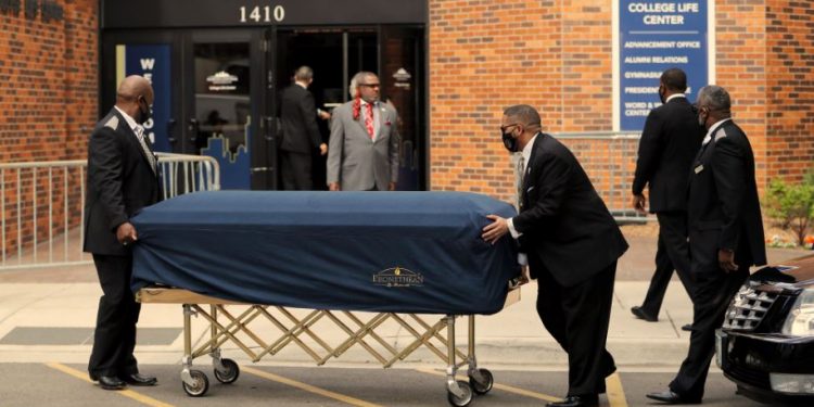 Minneapolis : The body of George Floyd arrives before his memorial services on Thursday, June 4, 2020 in Minneapolis. AP/PTI