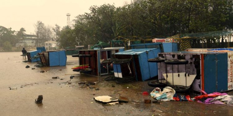 Navi Mumbai: Food carts lie turtle on a road following rains and strong winds triggered by Cyclone Nisarga, at Alibag in Navi Mumbai, Wednesday, June 3, 2020. (PTI Photo)