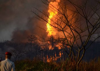 Tinsukia: Smoke billows from a fire at Baghjan oil field, a week after a blowout, in Tinsukia district, Tuesday, June 9, 2020. A team from Singapore was called to assess the reason of the blowout yesterday. (PTI Photo)