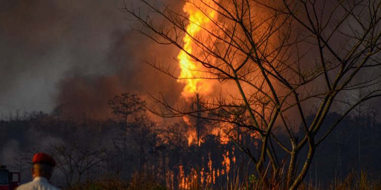 Tinsukia: Smoke billows from a fire at Baghjan oil field, a week after a blowout, in Tinsukia district, Tuesday, June 9, 2020. A team from Singapore was called to assess the reason of the blowout yesterday. (PTI Photo)