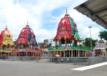 The three chariots of Lord Jagannath and his siblings parked near Srigundicha temple in Puri, Friday. The chariots will be pulled back to Srimandir on the occasion of Bahuda Yatra (OP Photo)