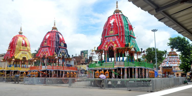 The three chariots of Lord Jagannath and his siblings parked near Srigundicha temple in Puri, Friday. The chariots will be pulled back to Srimandir on the occasion of Bahuda Yatra (OP Photo)