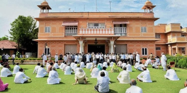 Congress MLAs supporting Rajasthan CM Ashok Gehlot protesting at the Raj Bhavan in Jaipur July 24, 2020.  (Photo credit: PTI)